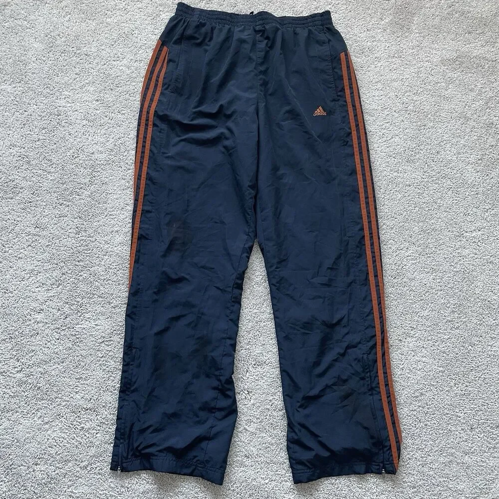 Adidas Baggy Track Pants VTG Y2K Mens Large Navy Blue Orange stripes Wide Leg